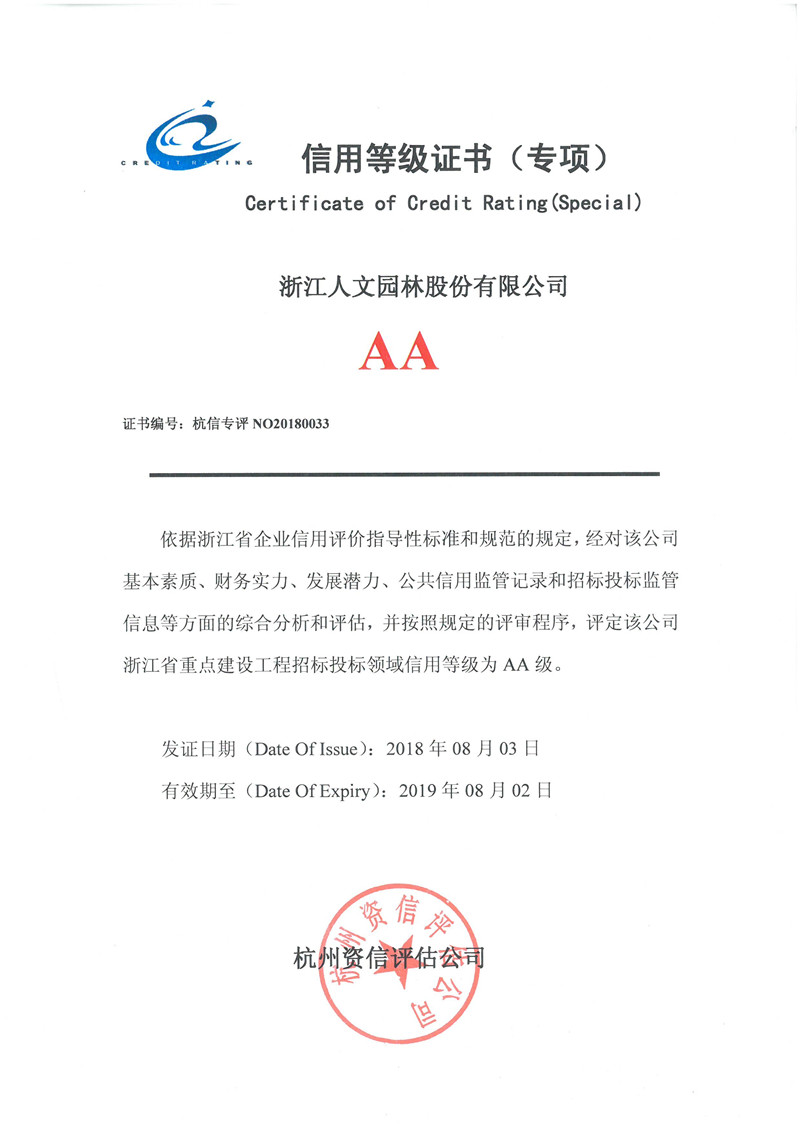 信用等級(jí)證書(shū)（專項(xiàng)）AA